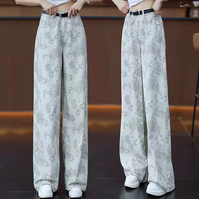 夏季复古洋气印花阔腿牛仔裤女2025新款高腰显瘦百搭直筒拖地长裤