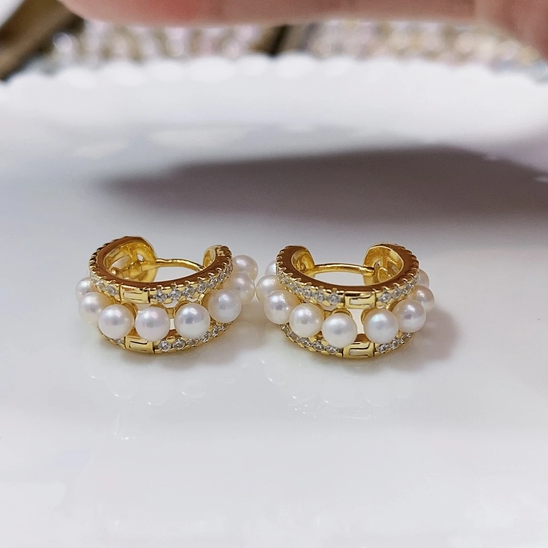 银S925镶嵌淡水珍珠8A极光稀有极光手工多珠耳圈