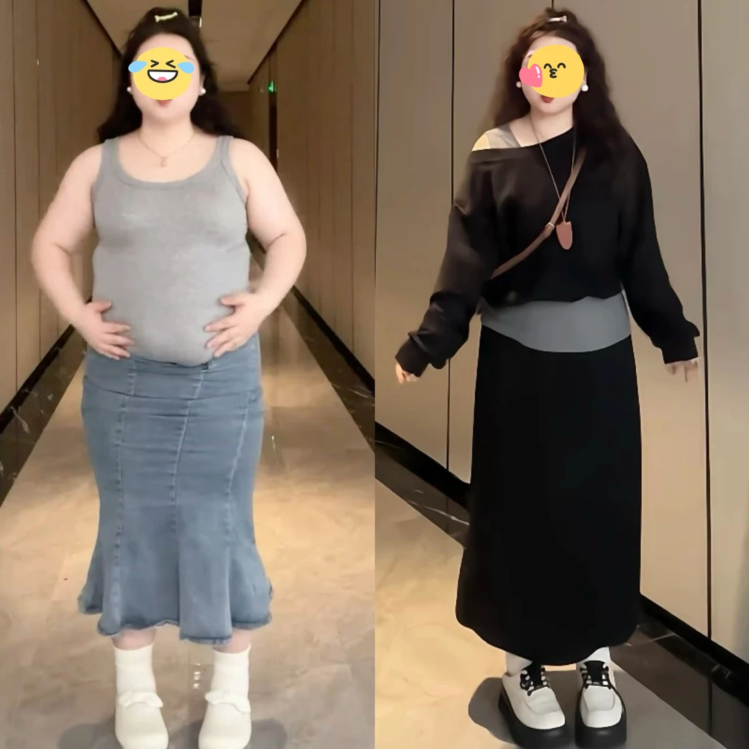 大码女装胖mm休闲风露肩假两件长袖上衣+半身裙2025秋季显瘦套装