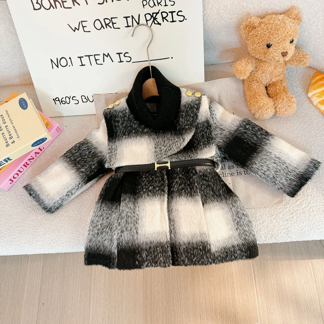 【黑白格】冬季新款中小童设计感高级感披肩外套套装4D103