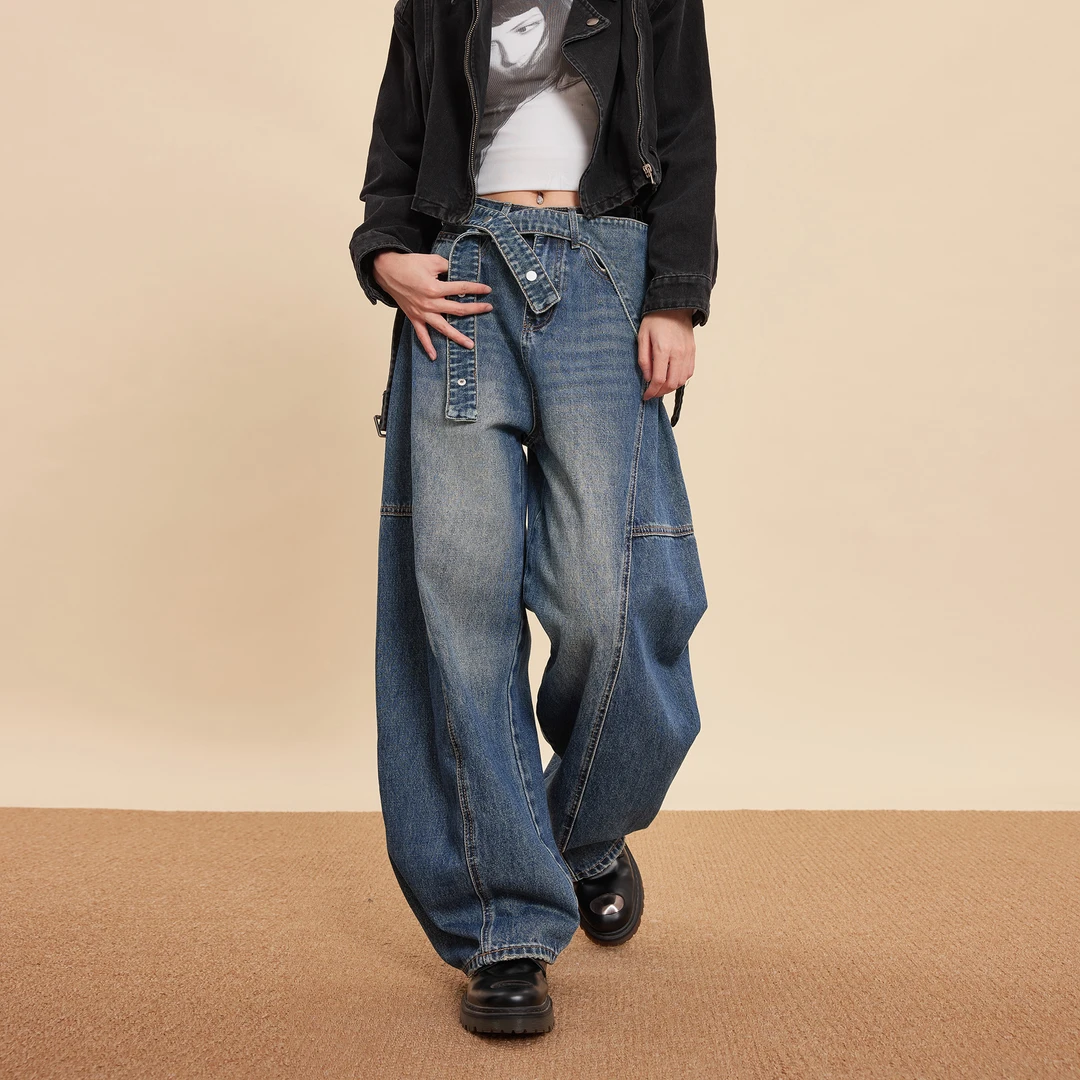 EDX高腰弯刀牛仔裤女早秋新款腰包设计感宽松显瘦复古水洗阔腿裤