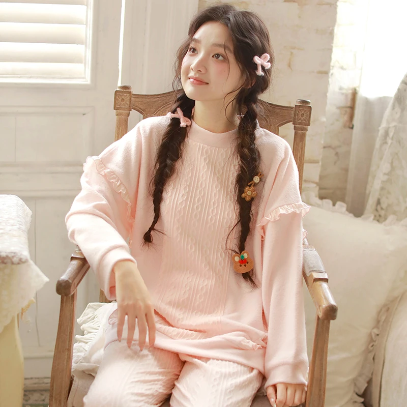 秋冬女士圆领厚款睡衣亲肤绒宽松长袖长裤纯色家居服套装25911