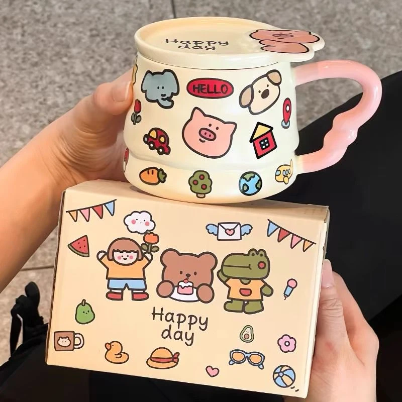 卡通创意马克杯可爱情侣水杯家用早餐陶瓷杯子带盖咖啡杯办公室Q