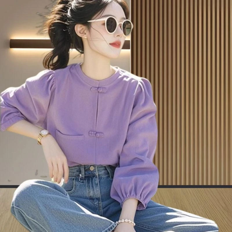 霖优新中式多巴胺紫色衬衫女士2026春季新款独特别致盘扣国风上衣