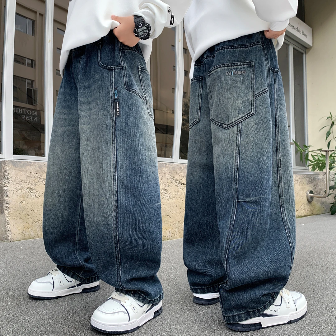 儿童牛仔裤春秋新款直筒男童裤子中大童长裤休闲秋装季软男孩蓝色