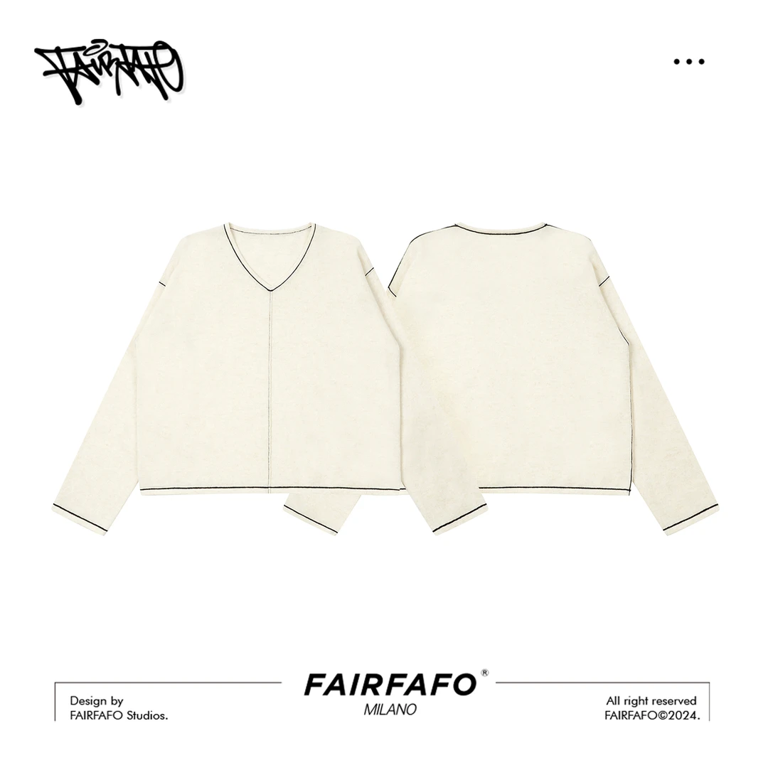 FAIRFAFO【v领撞色针织衫】100绵羊毛MYDL4C036简约休闲温柔针织衫