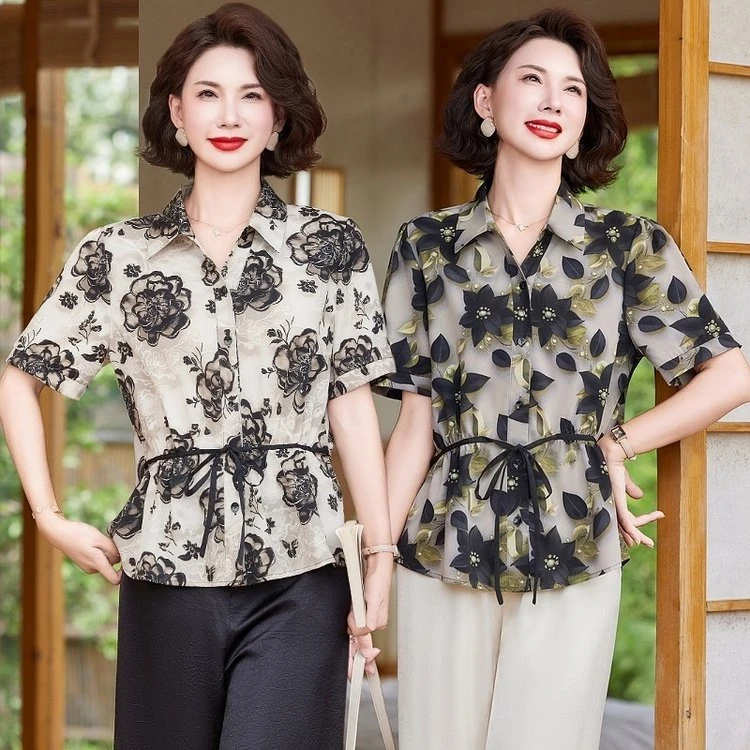 妈妈洋气短袖衬衫中年女装夏装2025新款中老年夏季气质上衣两件套