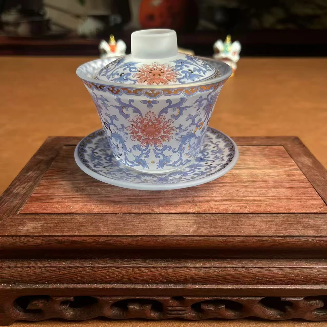 青花釉里红缠枝莲盖碗-6372