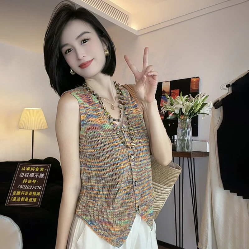 [现货运险]小香风冰丝糖果色背心显瘦设计感少女风复古外搭针织衫