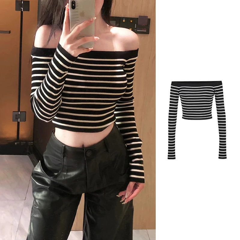 Moses Queen/魔西女王一字肩条纹长袖t恤性感露肩短款显身材上衣