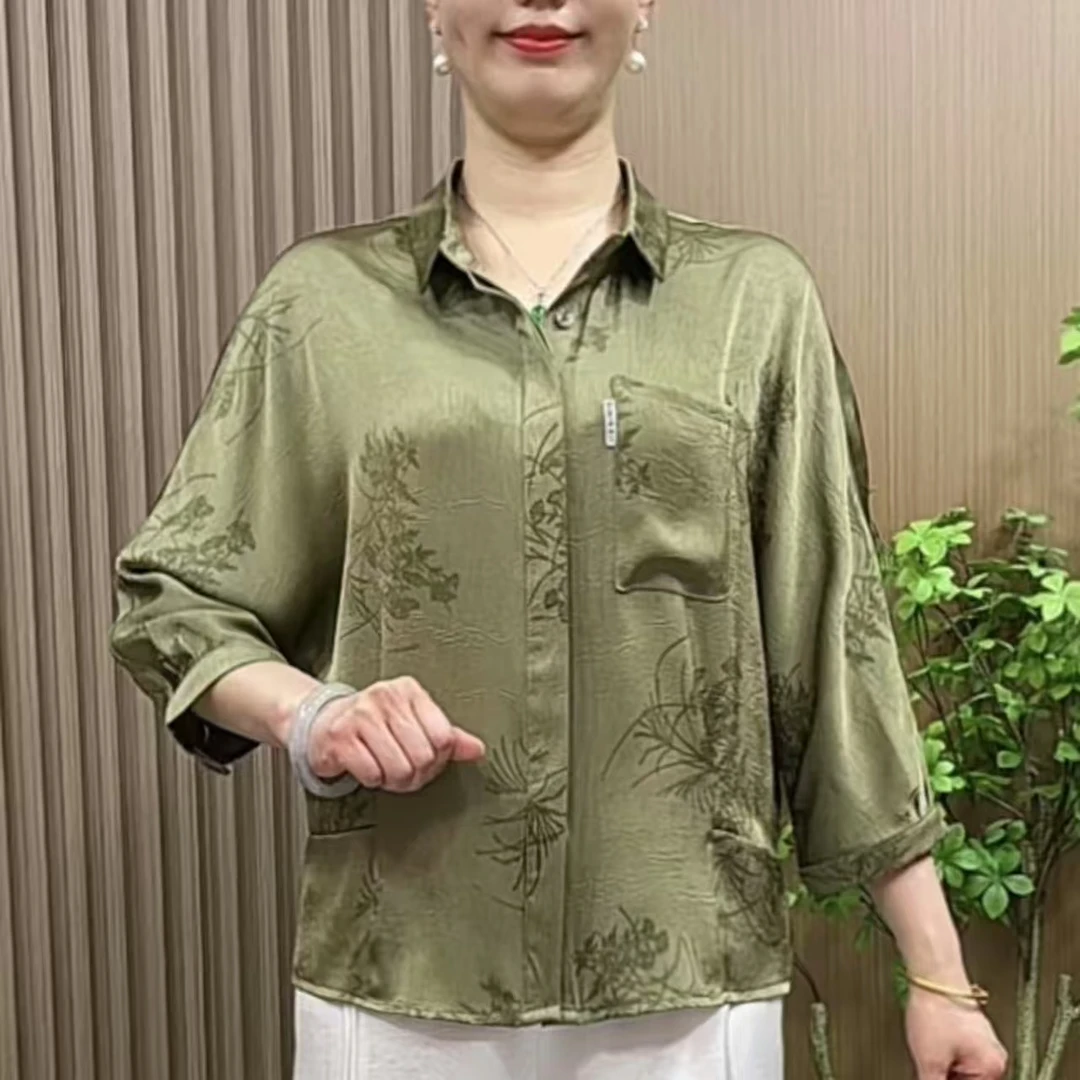 987母亲节衣服时尚妈妈装夏季衬衫中老年女装翻领蝙蝠袖高档衬衣