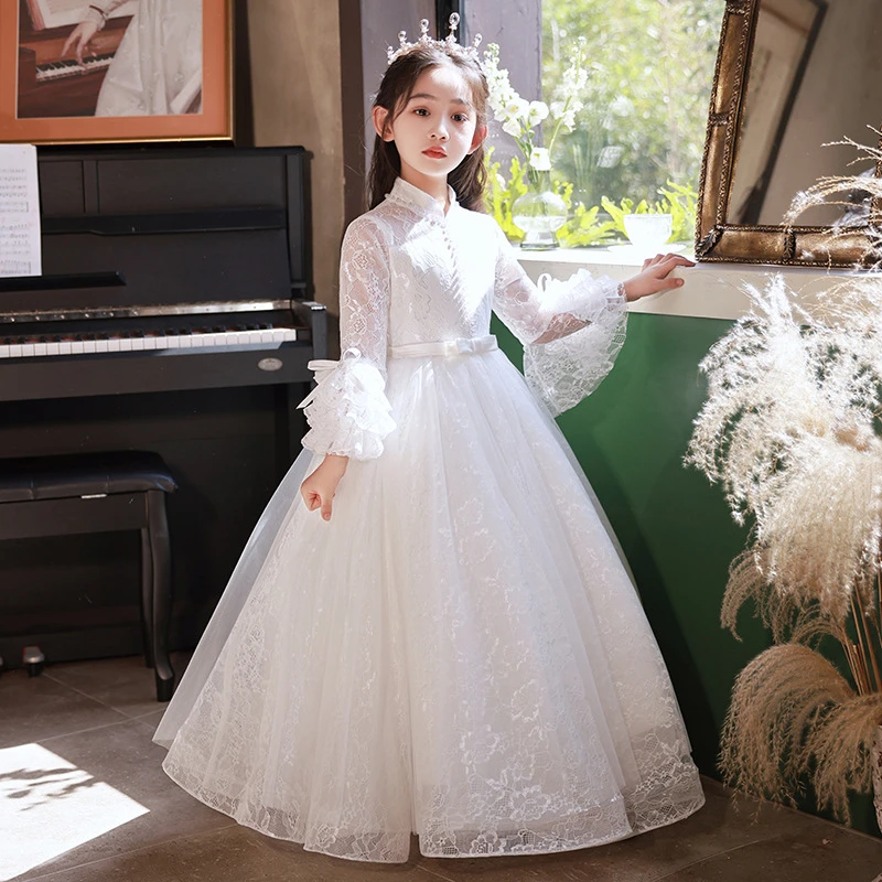 蕾丝超仙白色女童晚礼服秋冬小花童婚宴生日公主裙主持钢琴演出服