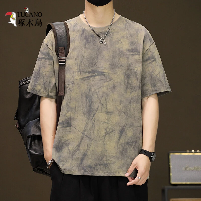 啄木鸟重磅扎染印花短袖t恤男士夏季潮牌宽松半袖体恤衫薄款凉感