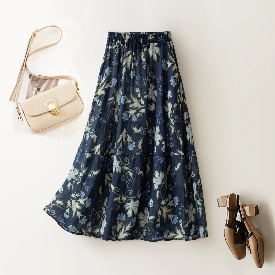 【100%苎麻】数兰朵飘逸半身裙 天然麻料印花早春气质高腰花长裙