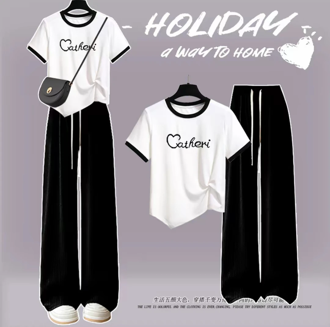 夏装中大童女套装休闲时尚T恤12-16岁初中学生女垂感阔腿裤两件套