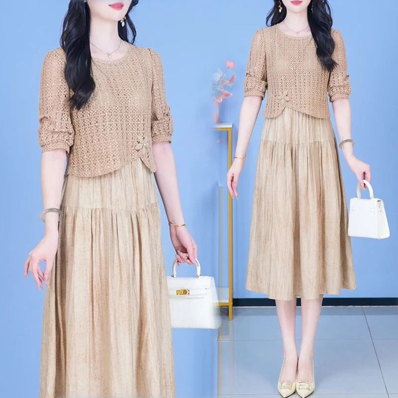 小香风气质时尚套装女2025春秋新款复古镂空针织长袖连衣裙两件套