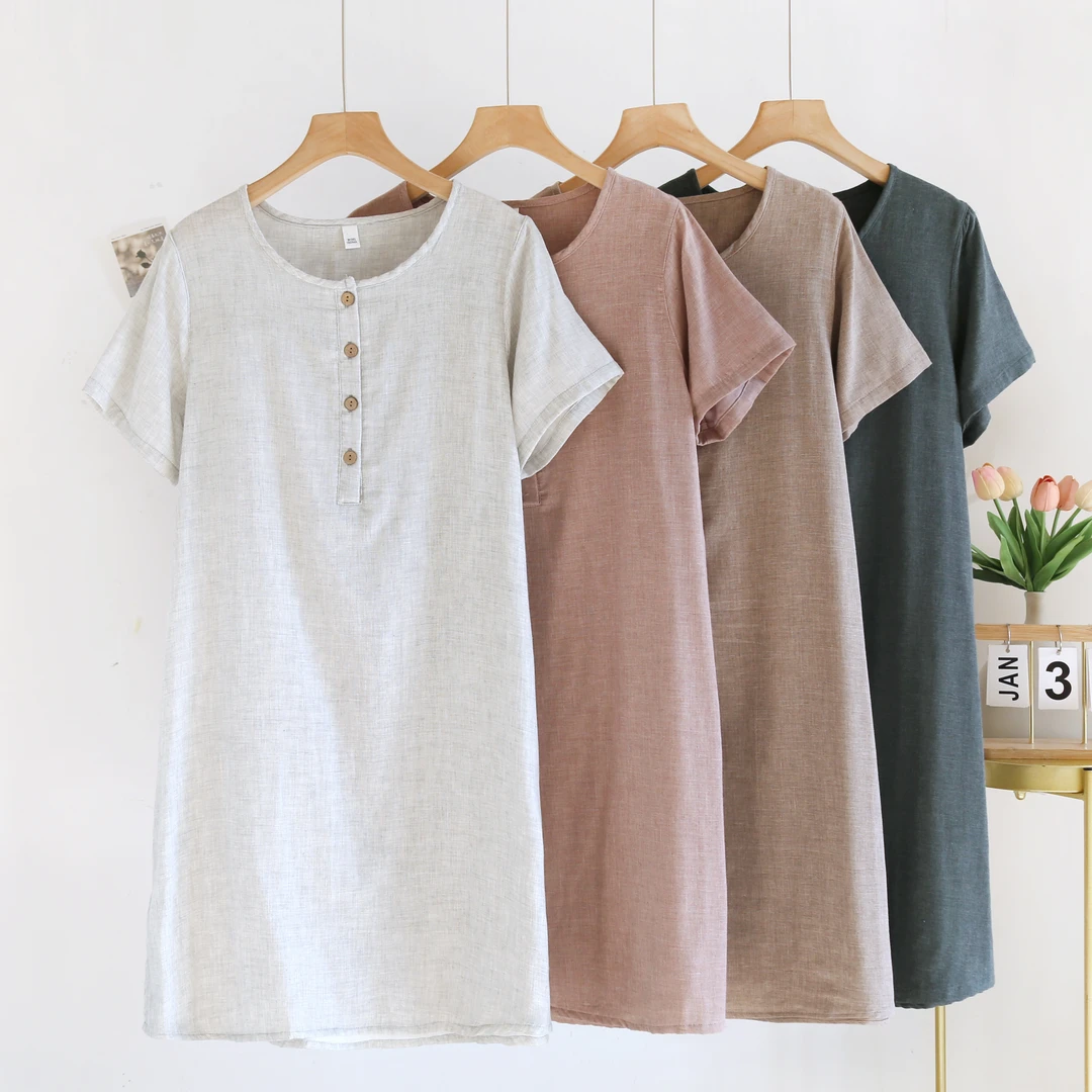 100棉双层纱布睡裙新款舒适夏季女士短袖中长款家居裙居家可以穿