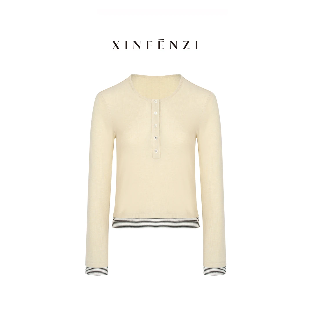 【晨露】XINFENZI 洋气撞色假两件天丝羊毛上衣 SS34797