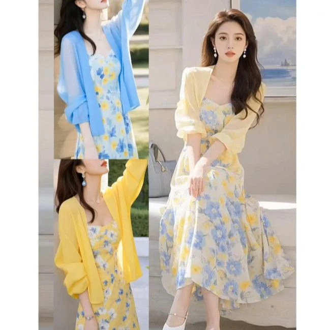 碎花雪纺连衣裙女2025夏修身显瘦多巴胺海边渡假开衫吊带裙两件套