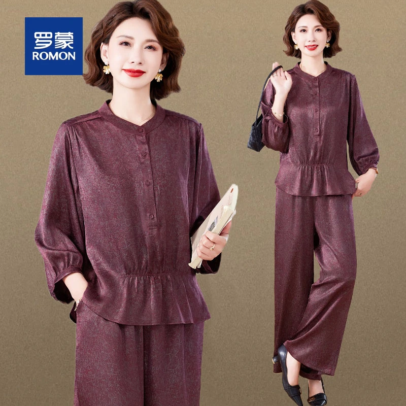 罗蒙高档中年妈妈装春夏季中袖T恤套装中老年女装上衣裤子两件套