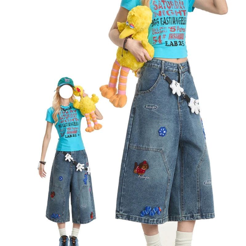 大码美式趣味刺绣牛仔七分裤女春夏做旧水洗宽松直筒休闲百搭短裤