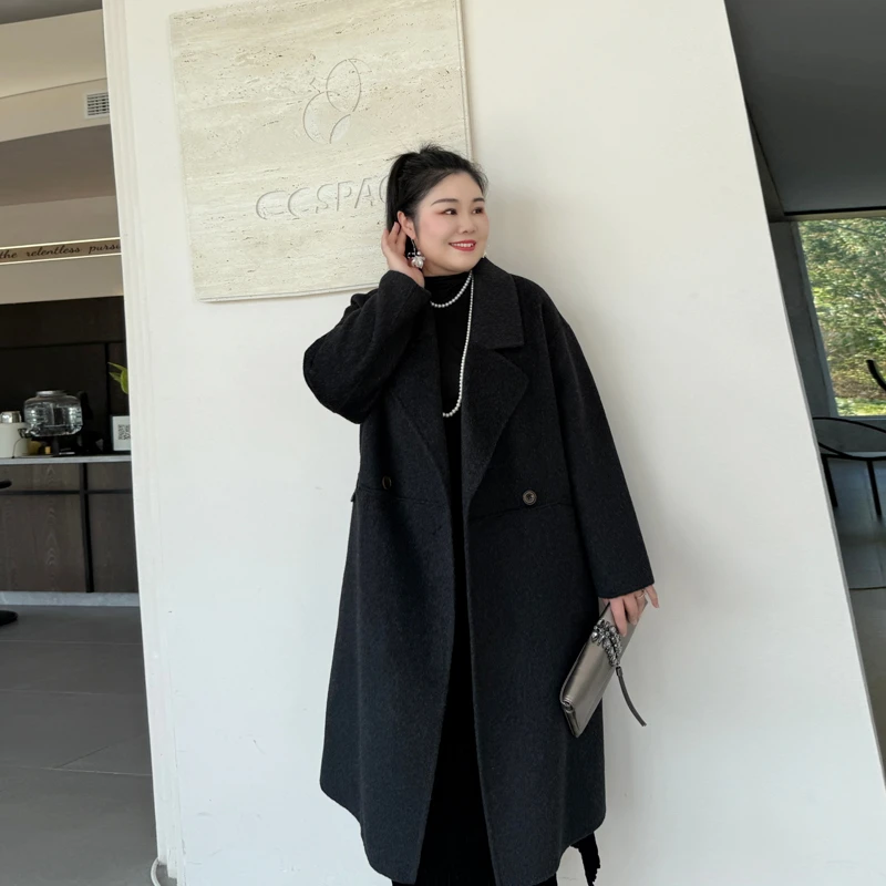 别格秀双排扣复古羊毛呢大衣中长款微胖女西装双面呢外套大码秋冬