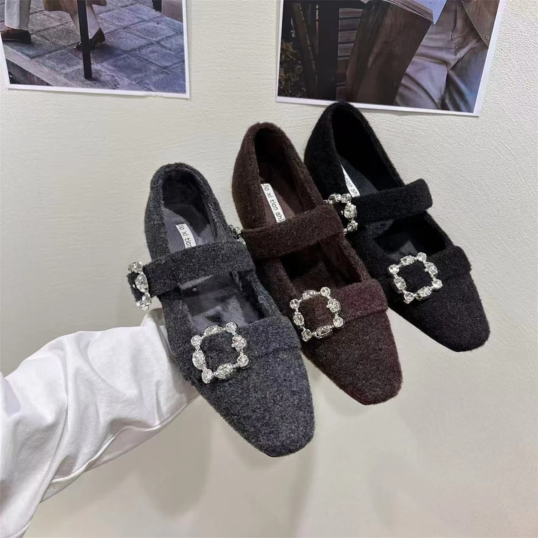 JX内增高方头水钻单鞋女鞋子2025秋冬加绒灰色毛毛鞋玛丽珍晚晚鞋