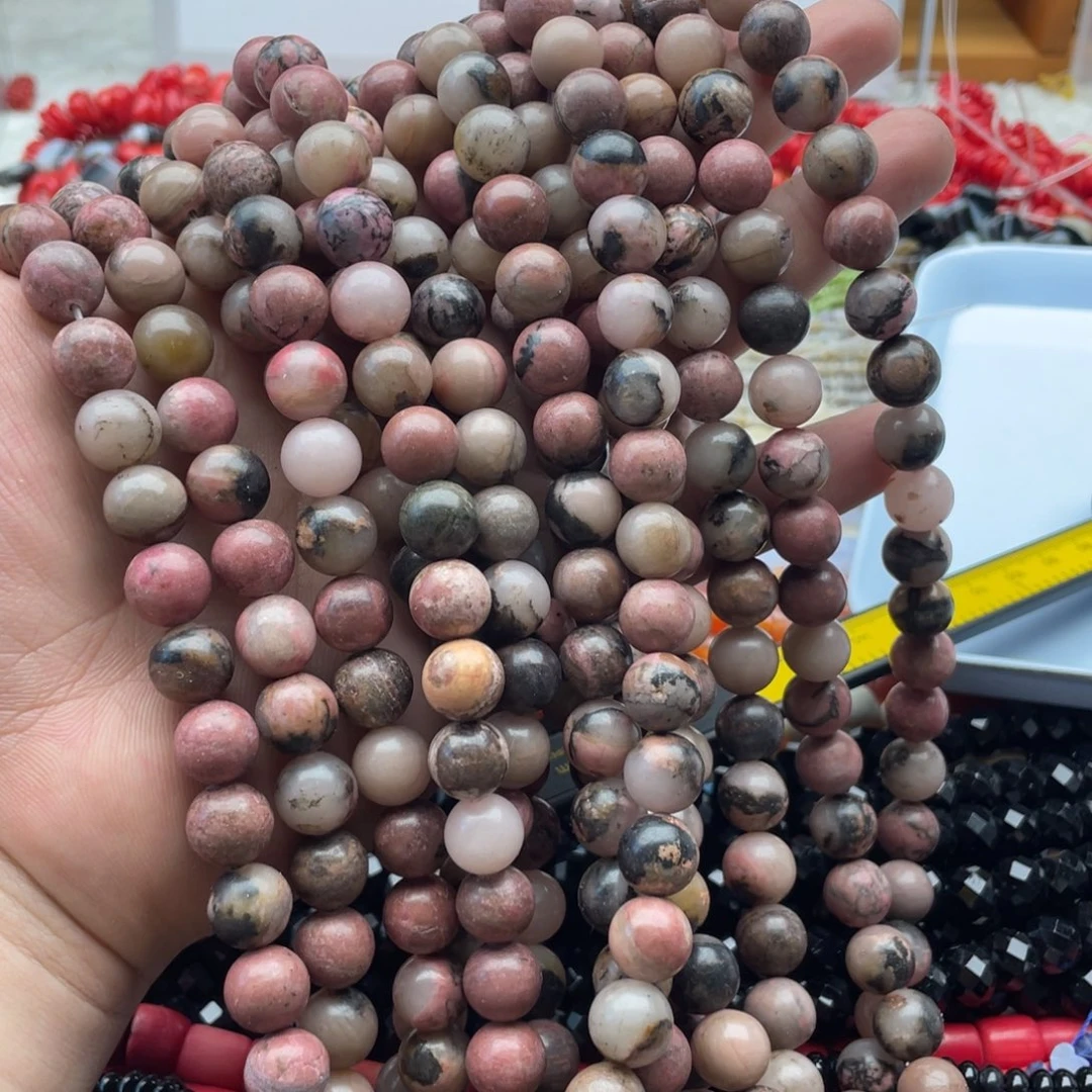 玛瑙/玉髓未镶嵌珠宝半成品一条装卡10mm黑粉蔷薇圆珠