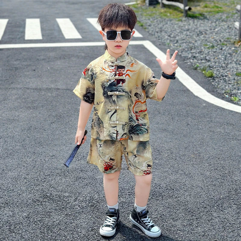 男童夏季哪吒汉服短袖短裤套装2025新款洋气男孩薄款中国风两件套