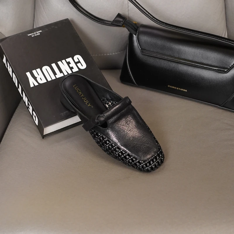 羊皮/3cm时尚休闲百搭夏季透气镂空拖鞋舒适软底黑色羊皮包头半拖