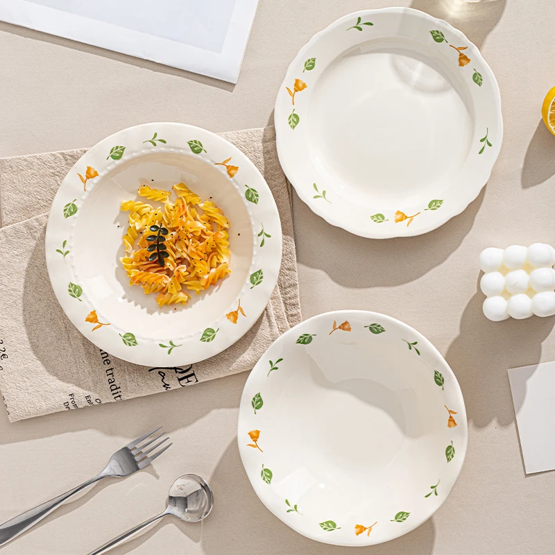 【桔梗花语】8英寸荷边深盘2个装创意家用网红陶瓷早餐盘家用盘