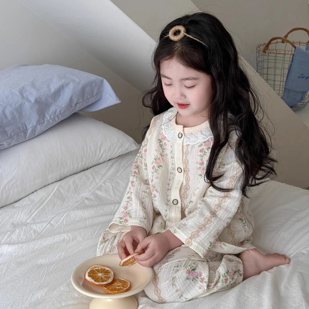 女童睡衣薄款纱布2025春秋款儿童公主风空调服纯棉长袖宝宝家居服