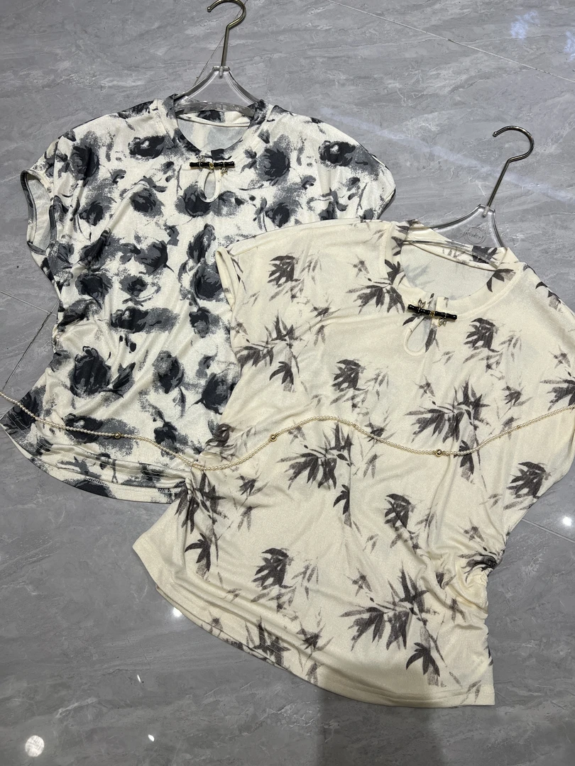 9986新款时尚裸感桑蚕丝新中式国风印花百搭短袖碎花