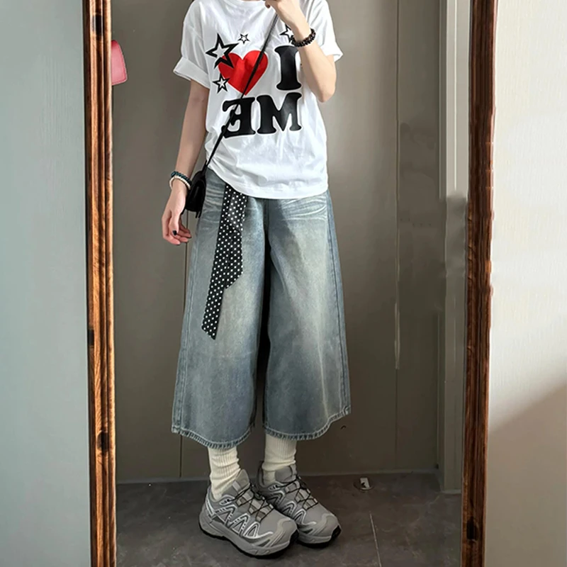 微胖mm复古水洗小个子八分牛仔裤女夏季新款高腰显瘦百搭阔腿中裤