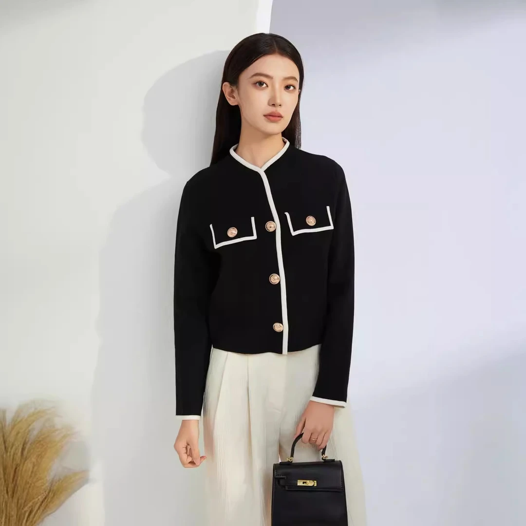 2025春季新款撞色百搭显瘦短款小香风气质长袖针织开衫毛衣名媛风