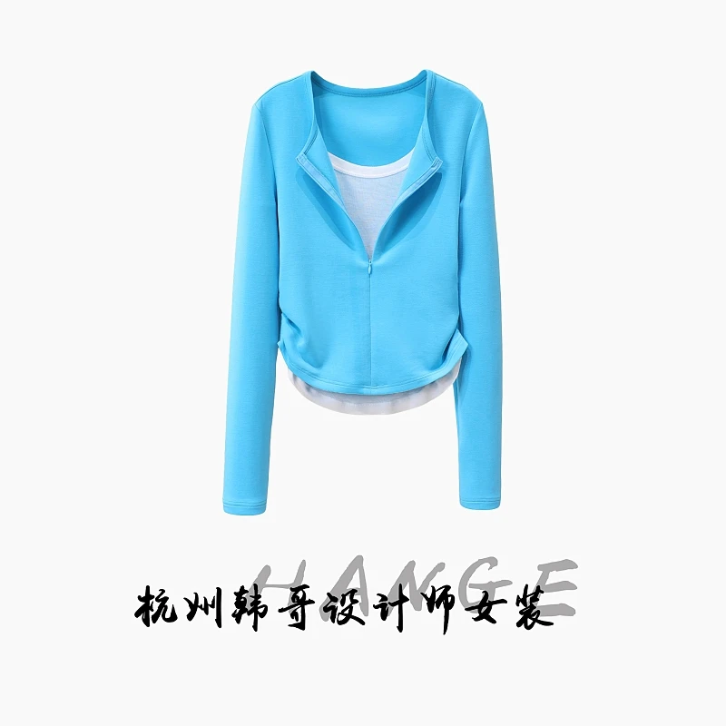 【韩哥女装】2025冬季加厚《清澜》天蓝色假两件高弹打底上衣5305-H8
