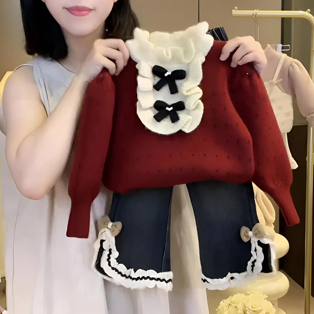 女童秋冬套装2025新款韩版洋气女宝宝加厚毛衣加绒牛仔裤两件套潮