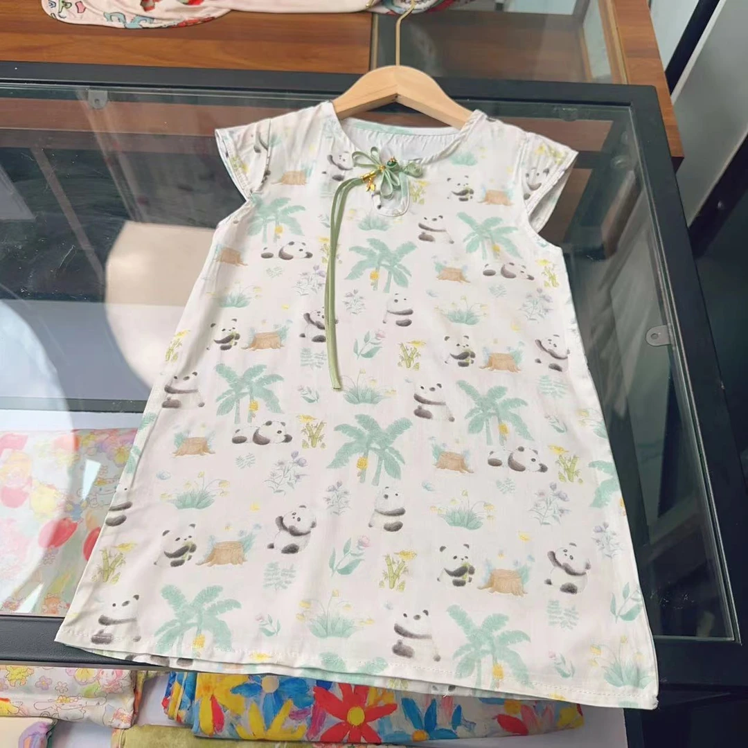 胖胖熊  圆领国风棉绸旗袍2025夏季国风女童长款印新中式旗袍