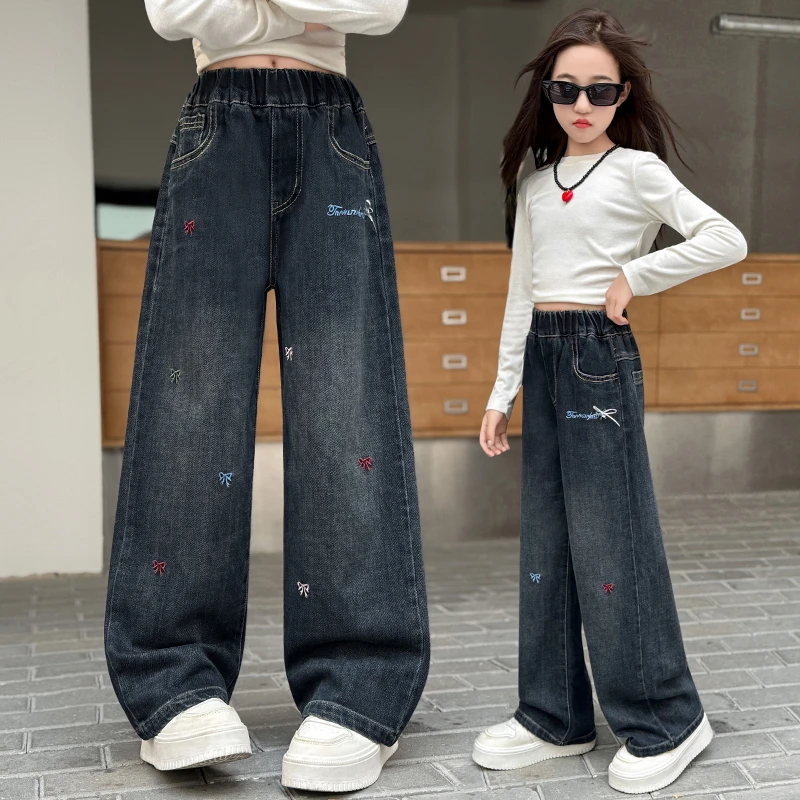 女童秋装蝴蝶结刺绣牛仔裤中大儿童2025新款韩版宽松直筒阔腿裤子