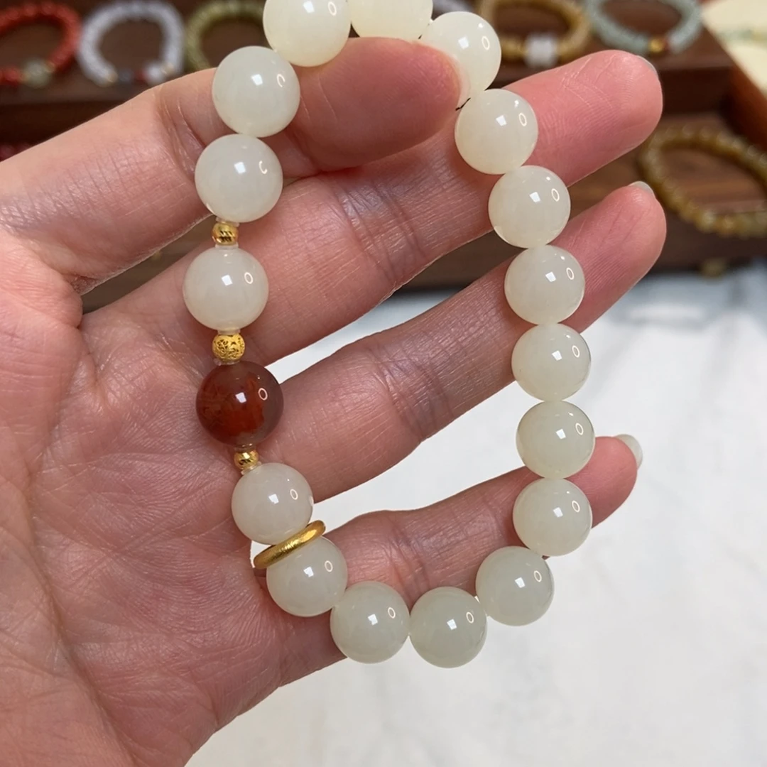 和田玉18K金镶嵌手链10mm白玉精品