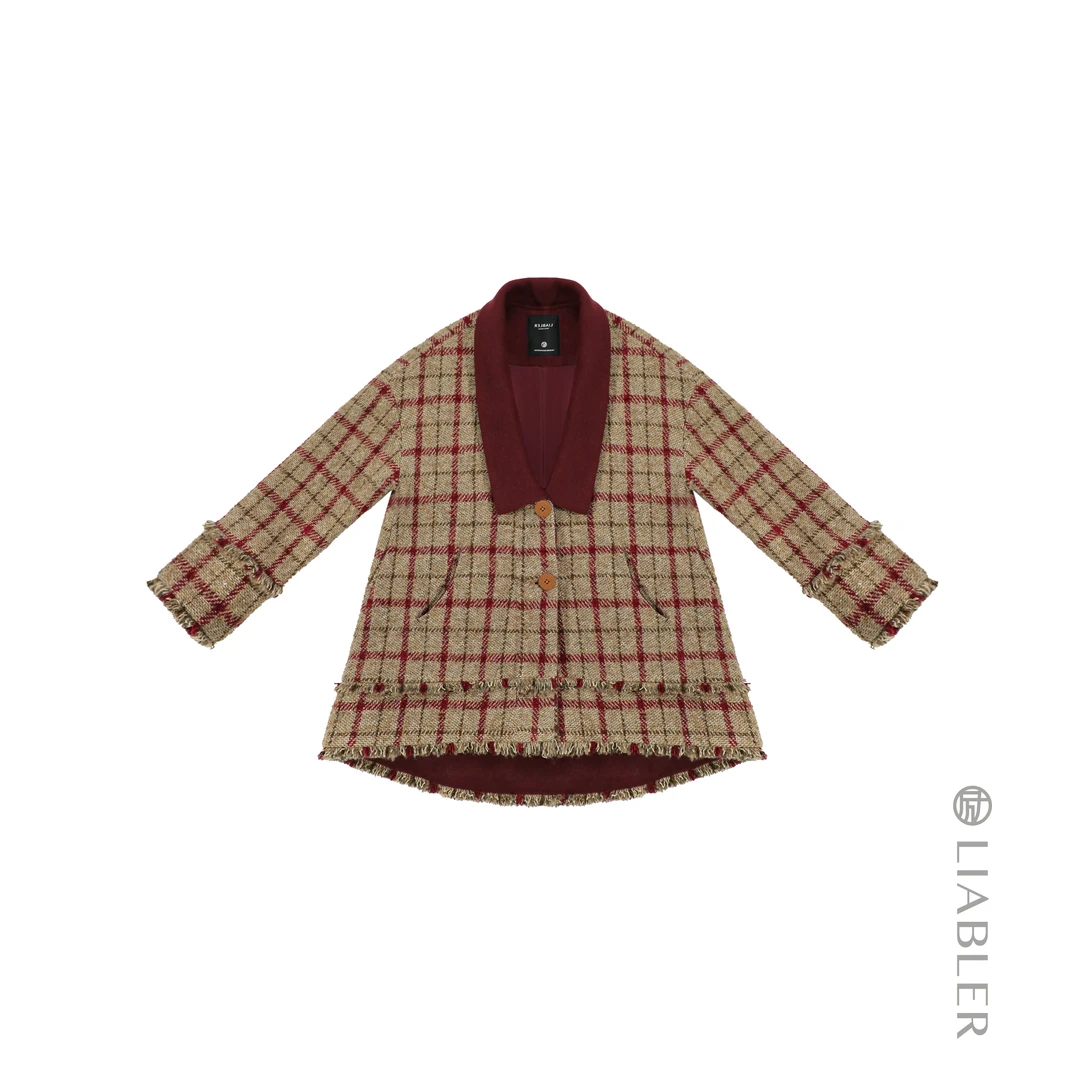 LIABLER/励 C25秋冬绵羊毛纱染撞色格纹须边翻折领外套 LAW25311S