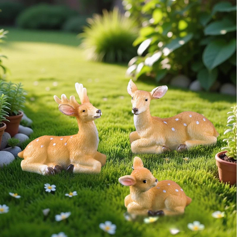 仿真梅花鹿花一家3口花盆桌面车载茶桌盆景造景摆件装饰装饰摆件