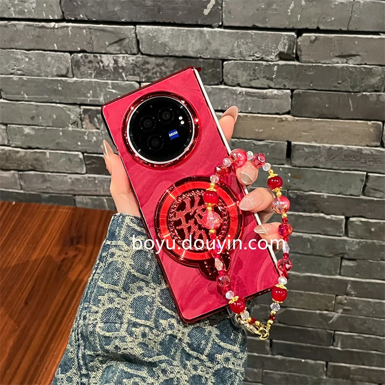 适用vivo x fold3手机壳vivoxfold3新年红色素皮發支架链条保护套