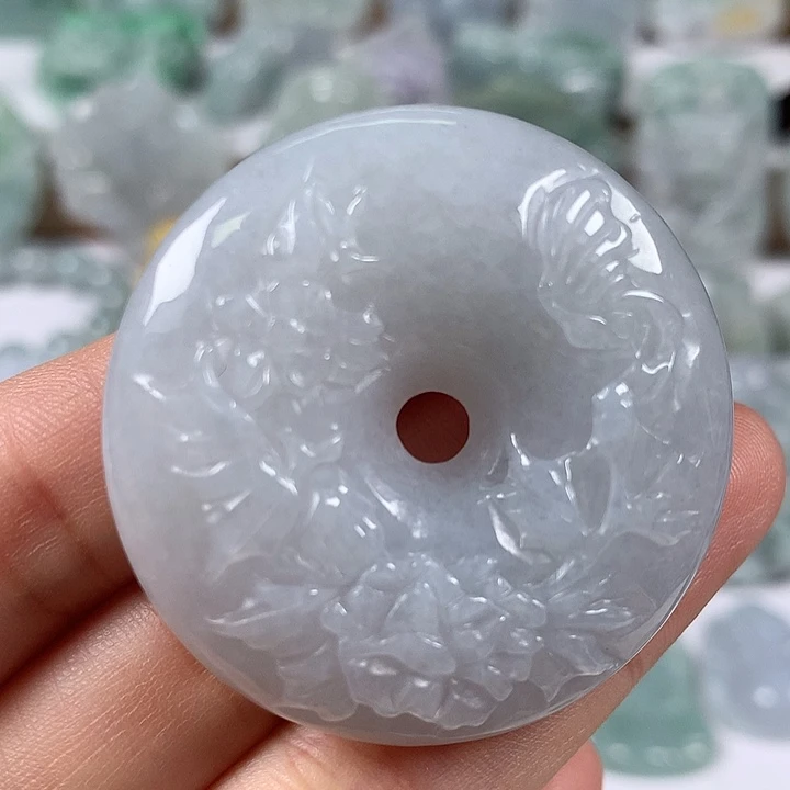 翡翠未镶嵌颈饰花开富贵平安扣两面工艺福利卡厚12+