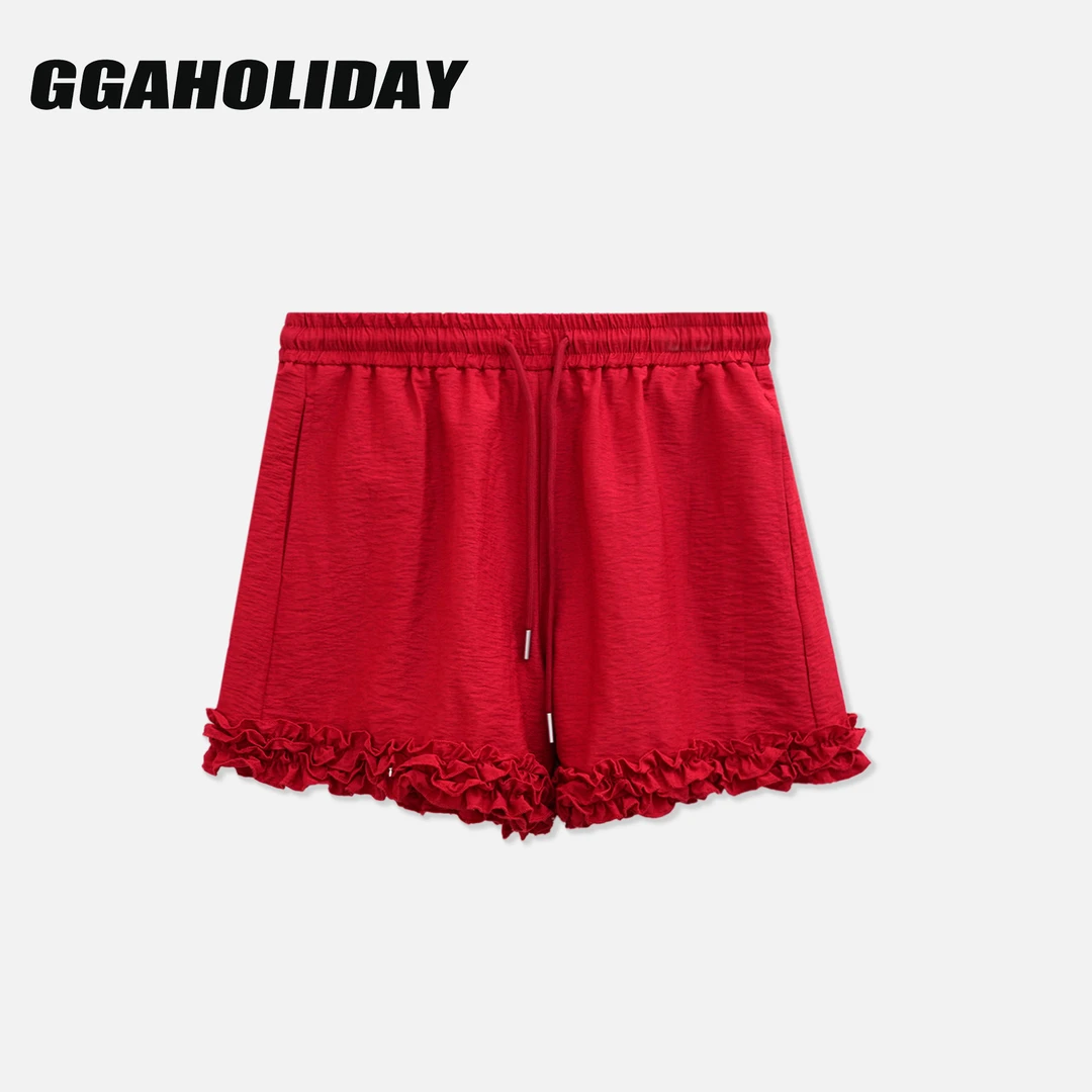 GGAHOLIDAY时尚百搭舒适宽松木耳边休闲裤松紧腰红色短裤-153157
