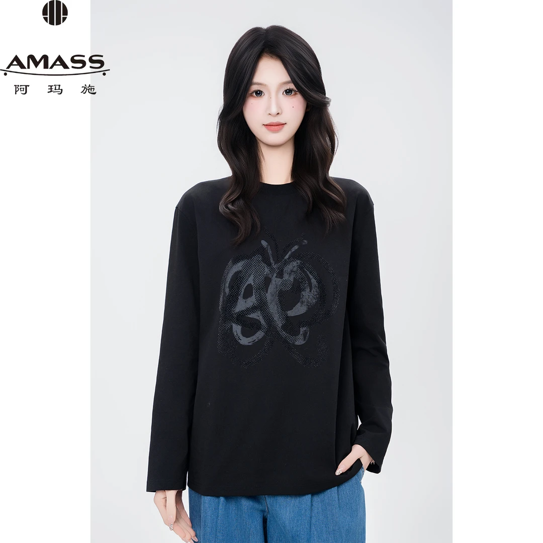 AMASS/阿玛施春夏新款舒适简约百搭休闲宽松圆领长袖T恤女 530090