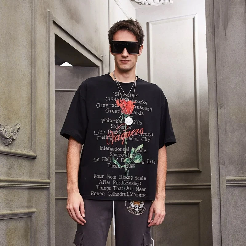 奥莱-TCH潮牌轻奢玫瑰花男女短袖宽松圆领美式T恤T1A211WTS039