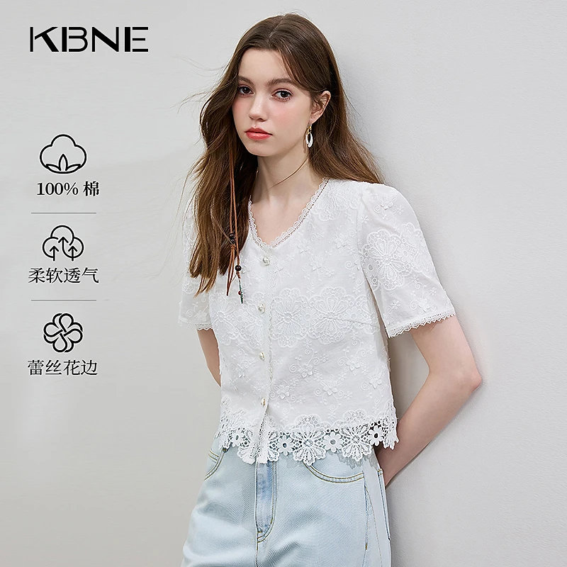【吴沛儿专属】短袖女2025新款洋气kbne丝刺绣衬衫百搭V领白色衬衣