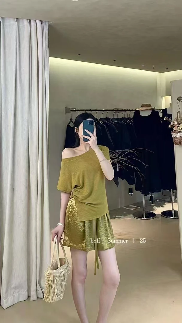 2025夏季新款女气质不规则斜肩天丝竹节棉T恤