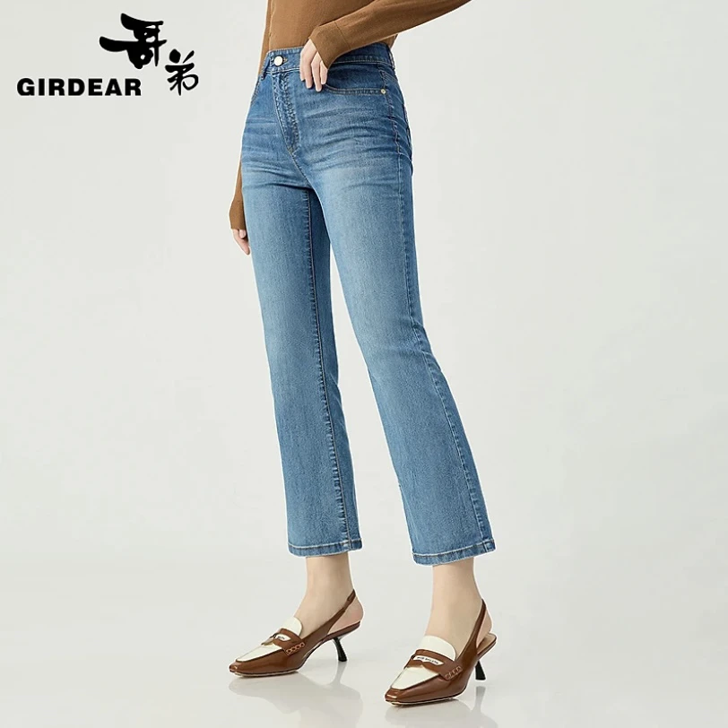 GIRDEAR/哥弟质感百搭中腰倾斜拉链设计微喇牛仔九分裤女110007